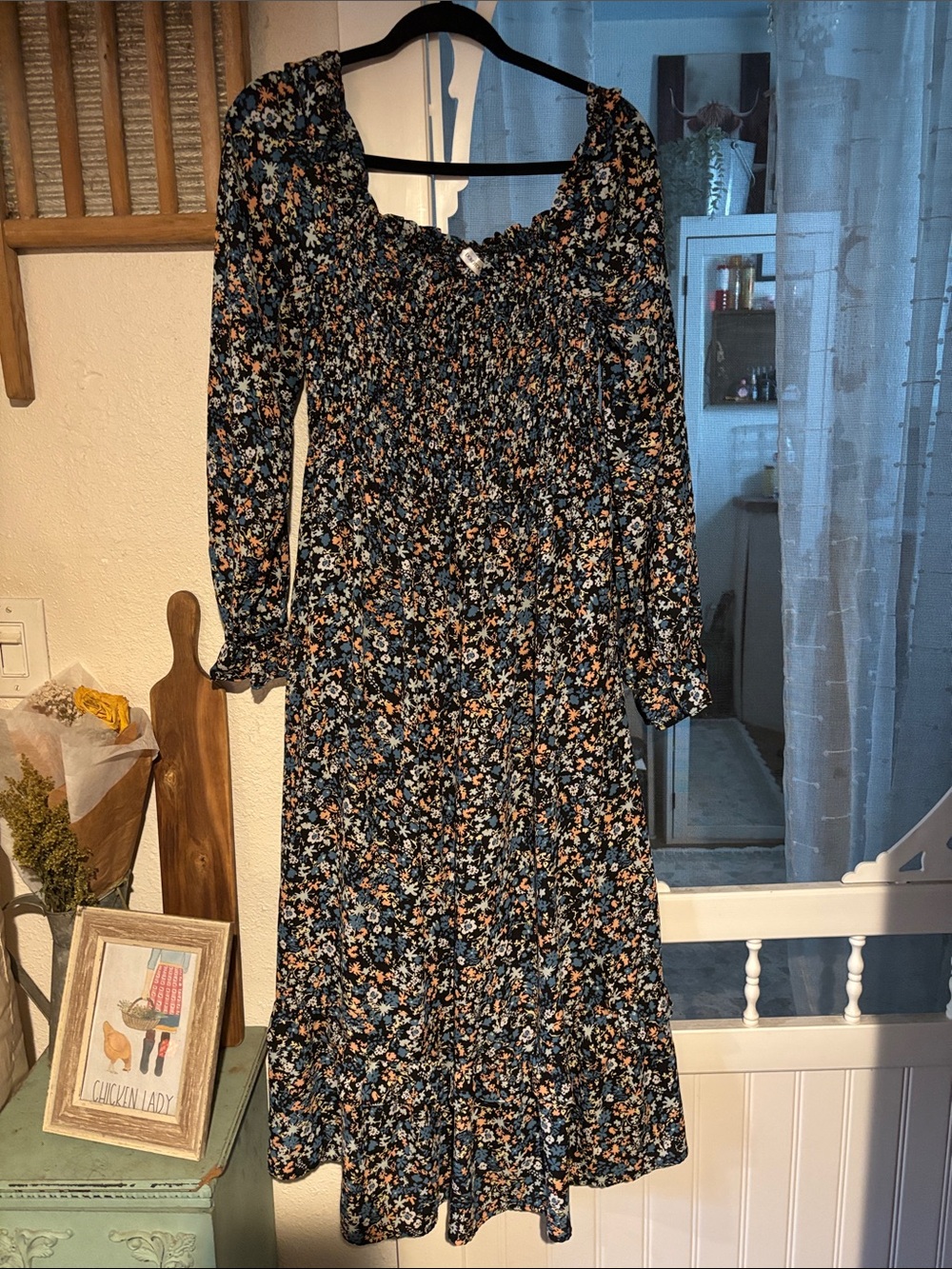 Floral Smocked Long-Sleeve Midi Dress - Black with Blue & Tan Floral